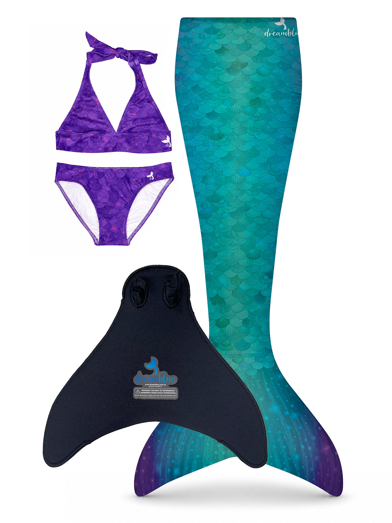 Kids Mermaid Tail Set with Monofin & Triangle Bikini Set - Ariyah Teal