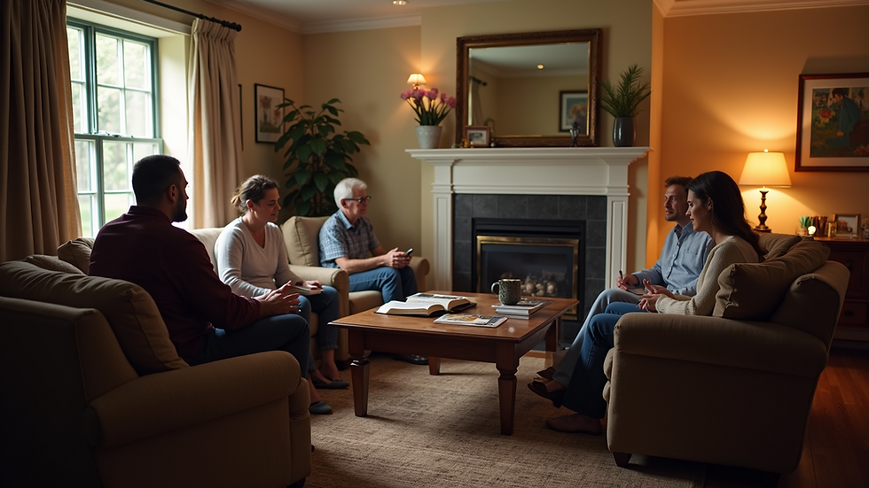 Wide angle view of a small group gathered in a cozy living room for Bible study