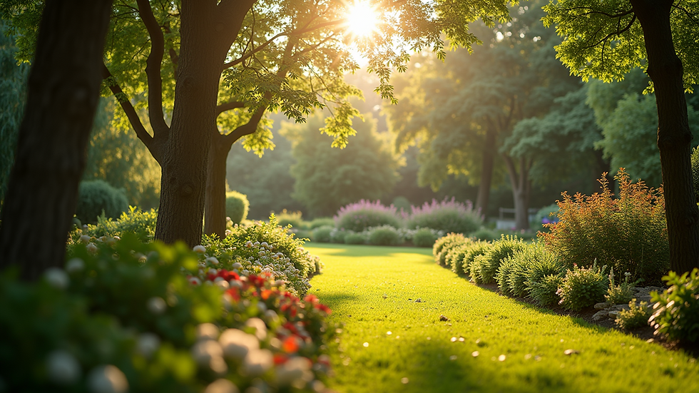Eye-level view of a peaceful garden with sunlight filtering through trees