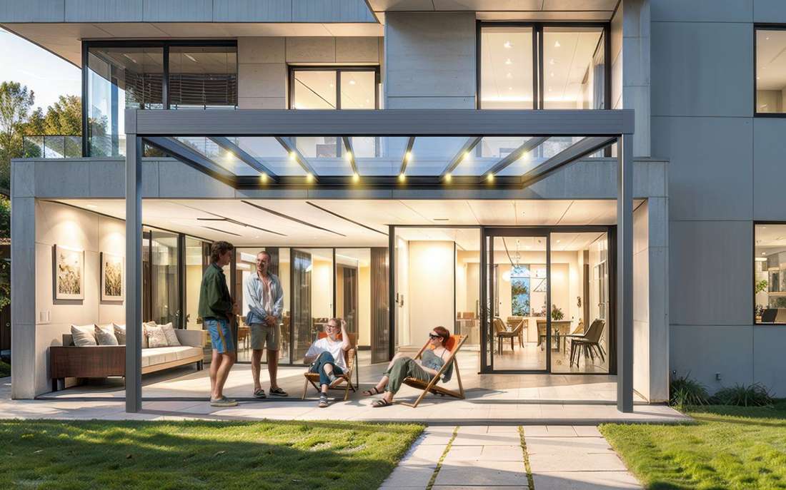 Designdach an einem modernen Wohnhaus, abends beleuchtet