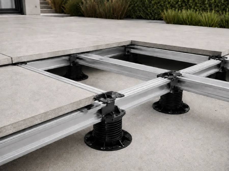 Alu-Profilsystem mit Stelzlagern unter Terrassenplatten