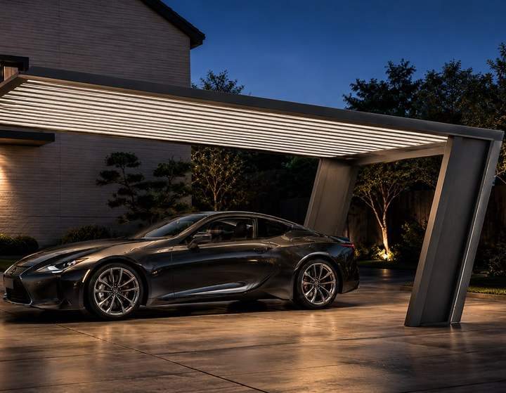 Moderner Carport am Abend