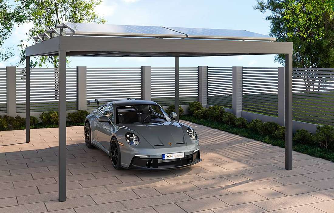 Freistehendes Flat-Line-Dach als Carport mit Trapezblech