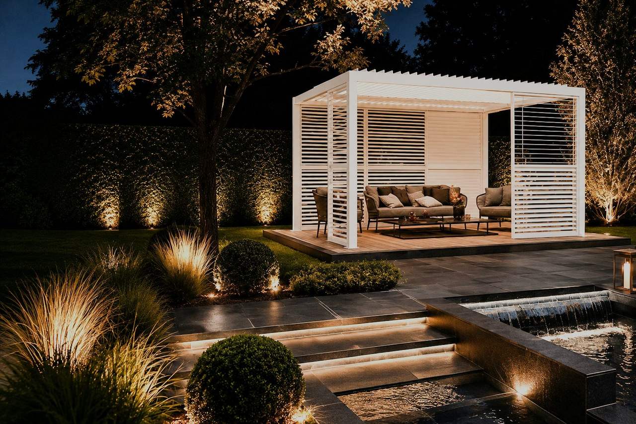 Pergola am Abend im beleuchteten Garten
