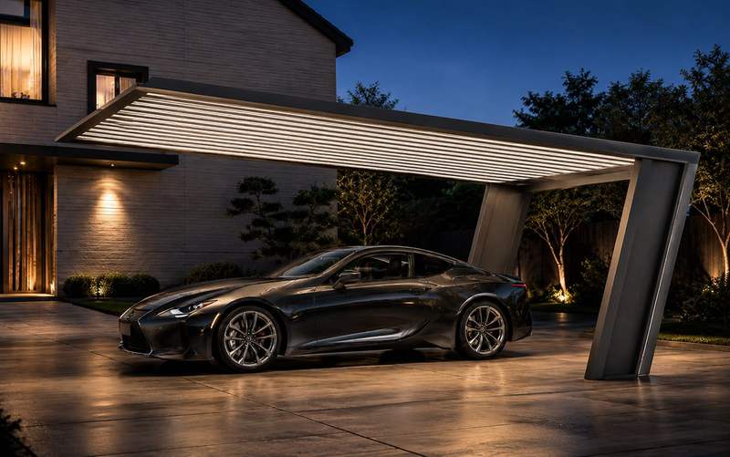 Moderner Carport am Abend