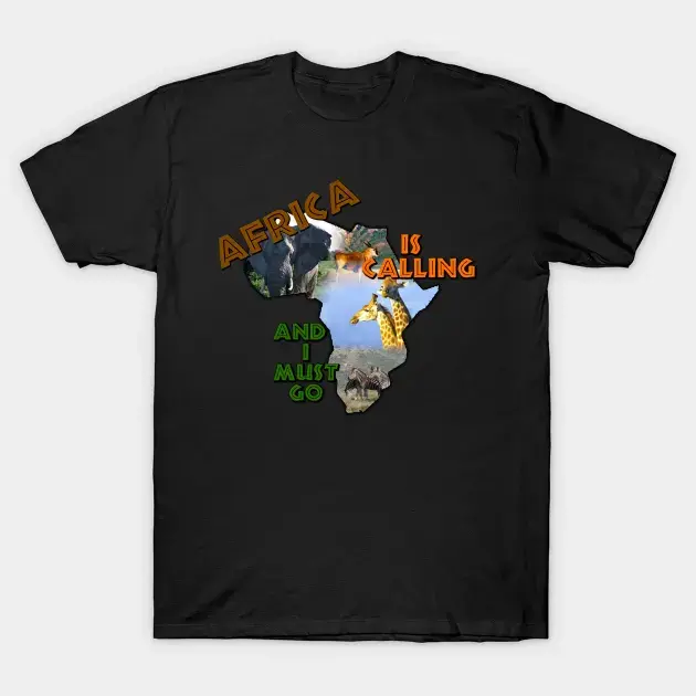 African Wildlife design on a black shirt with photos of elephants, giraffes, anetelope and zebra