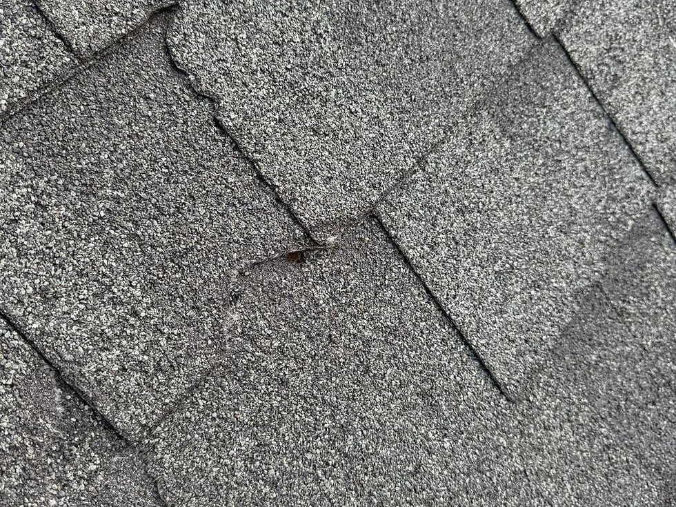 Close-up of a cracked and chipped asphalt shingle on a residential roof