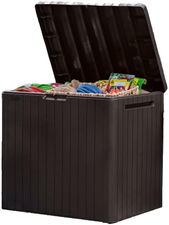 Open dark brown outdoor storage deck box filled with colorful toys and supplies, isolated on a white background.