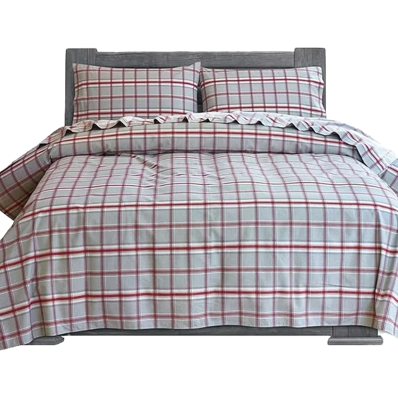 Gray wooden bed with red-and-gray plaid bedding and pillows, neatly made