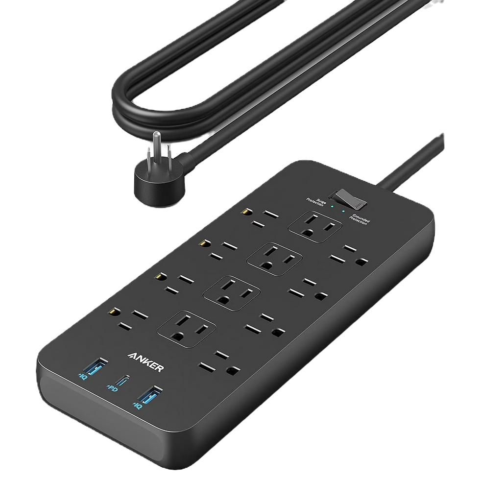 Black Anker power strip with 6 outlets and 3 USB ports, cord and plug shown; labels read Surge Protection and Grounded Protection