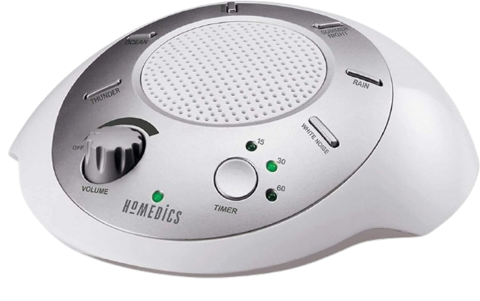 HoMedics sound machine with volume knob, timer, and buttons for ocean, thunder, rain, white noise, and summer night.