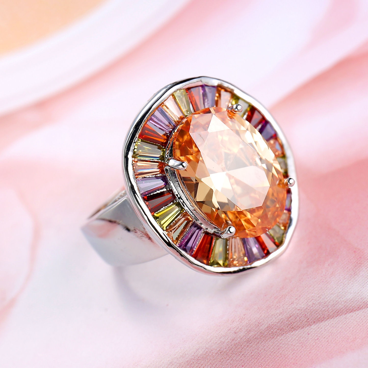 Colorful CZ Big Round Bridal Ring in 925 Sterling Silver