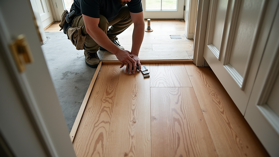 High angle view of flooring installation in progress with professional tools