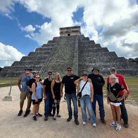 Chichen Itza with Adam Sandoval on Harley-Davidson motorcycles used for guided tours in Mexico