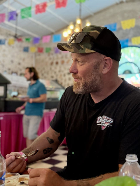 Selva Maya and Saamal Cenote eating lunch in Mexico on a guided Harley-Davidson motorcycle tour