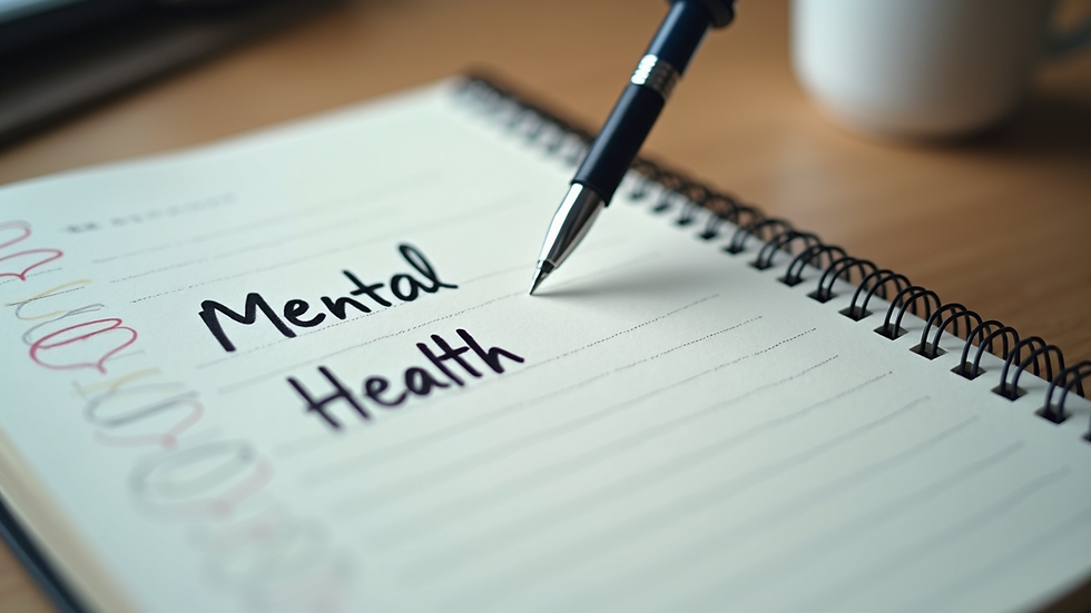Close-up view of a notebook with mental health notes and a pen