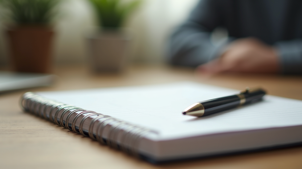 Close-up view of a notebook and pen on a wooden desk, ready for therapy notes