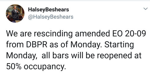 Bars in Florida will be able to open with 50% capacity on Monday