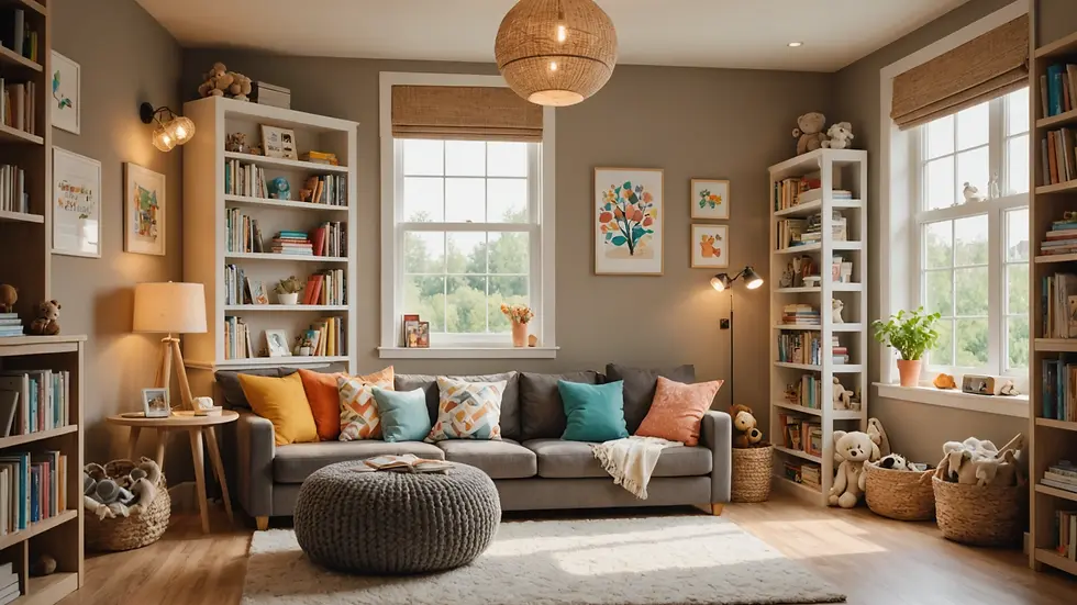 Eye-level view of a cozy reading nook in a playroom