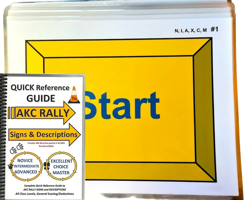 Document photography of a KC Rally Quick Reference Guide. The guide displays a large yellow 'Start' sign and informational sections.
