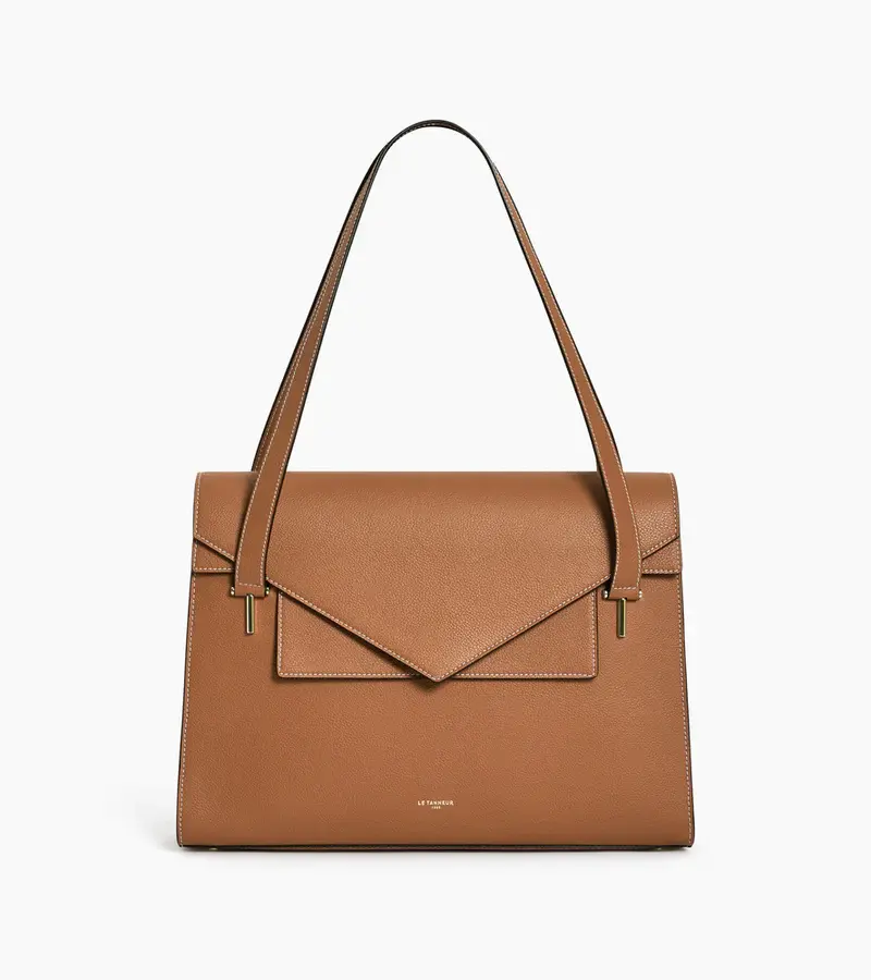Porte documents Le Tanneur Emilie double rabat porté épaule en cuir grainé camel