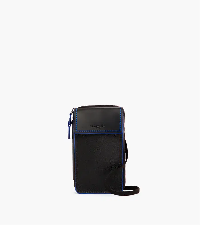 Pochette téléphone Le Tanneur Alexis tour de cou en cuir grainé noir et bleu