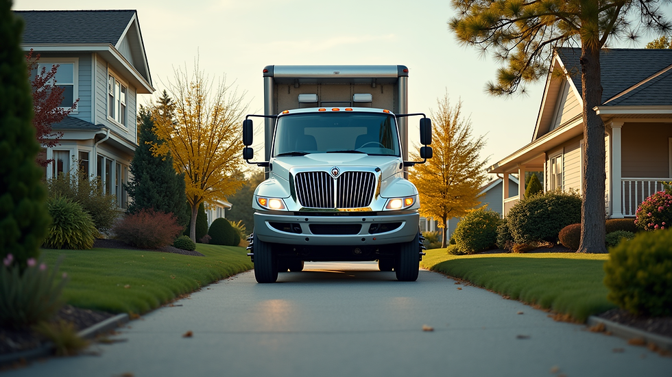 Eye-level view of a junk removal truck parked in a residential driveway