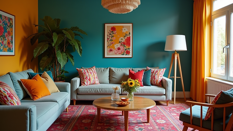 Eye-level view of a vibrant living room with patterned textiles and bold colors