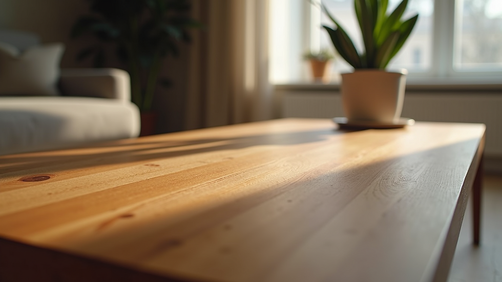 Close-up view of a wooden coffee table with textured surface