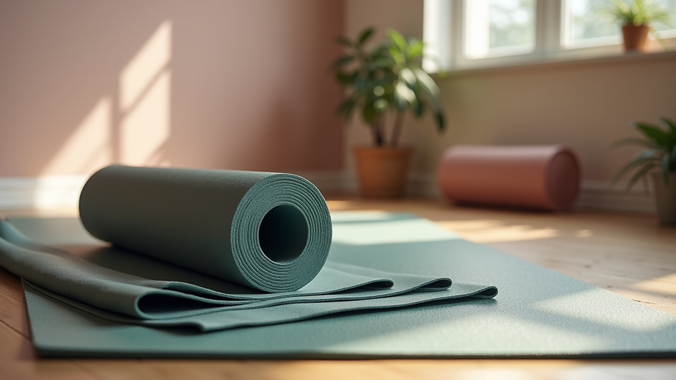 Close-up view of a yoga mat with stretching bands and a foam roller