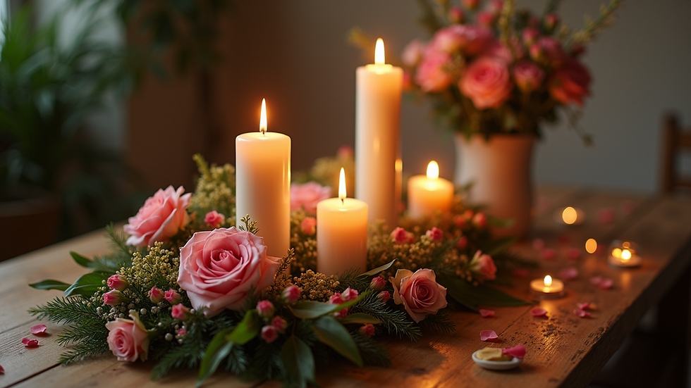 Vue grand angle d'une composition florale avec des bougies sur une table commémorative