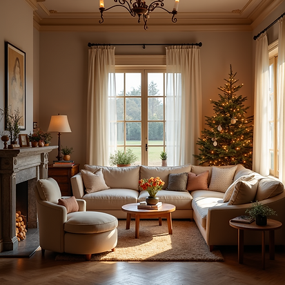 premium furniture collection living room setup warm lighting festive holiday decor natural