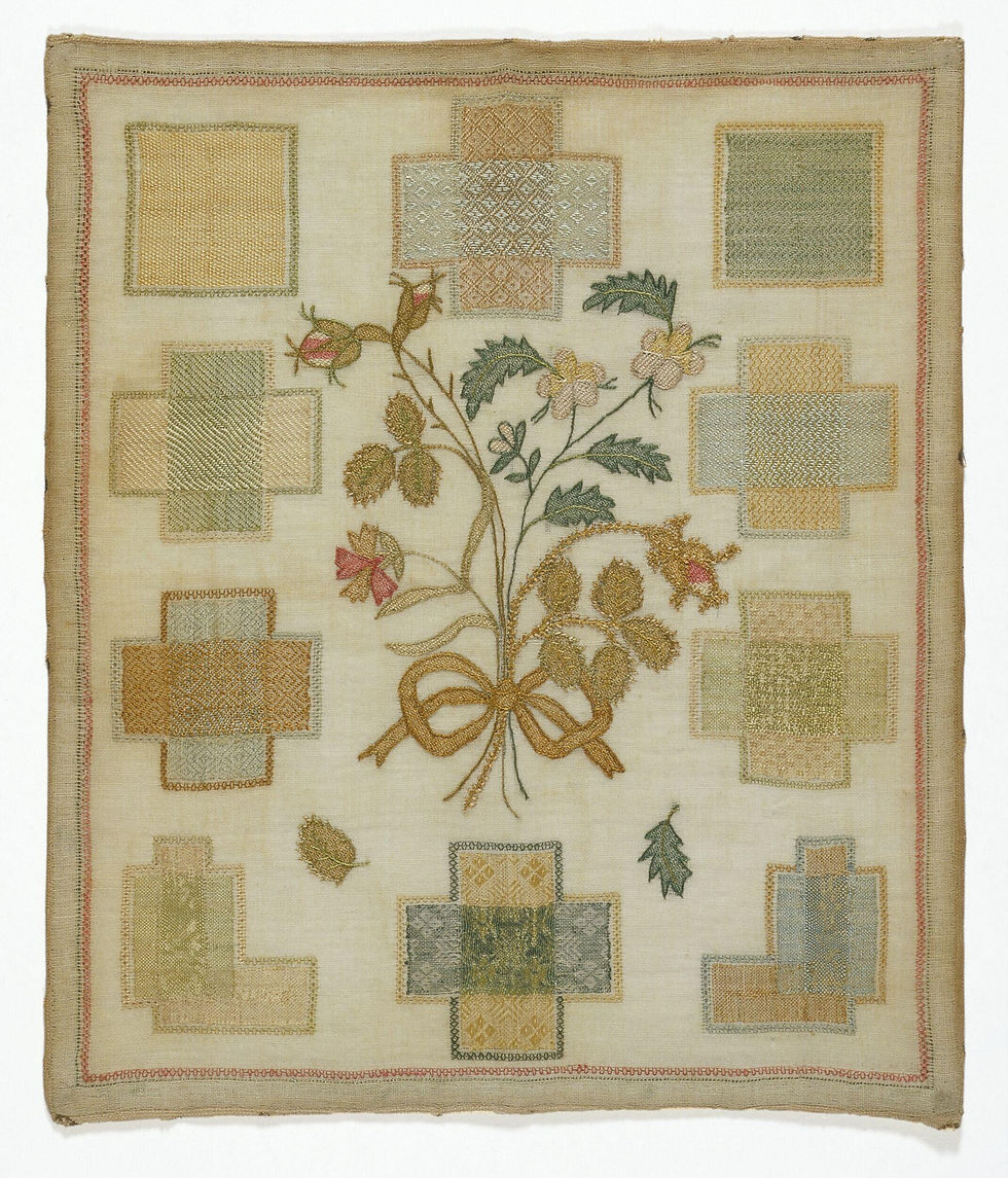 Cotton sampler, embroidered with silk; English; late 18th century, Victoria & Albert Museum