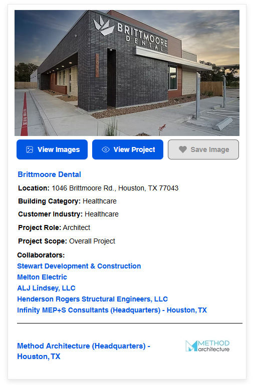 Modern dental building with dark brick exterior and signage reading "Brittmoore Dental." Located in Houston, TX. Construction details shown.