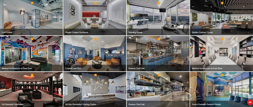Collage of modern office and lounge interiors, including colorful murals and labeled spaces like Grid United and Bravery Chef Hall.