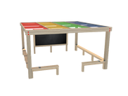 shade net pergola. outdoor classroom. rainbow roof reading area