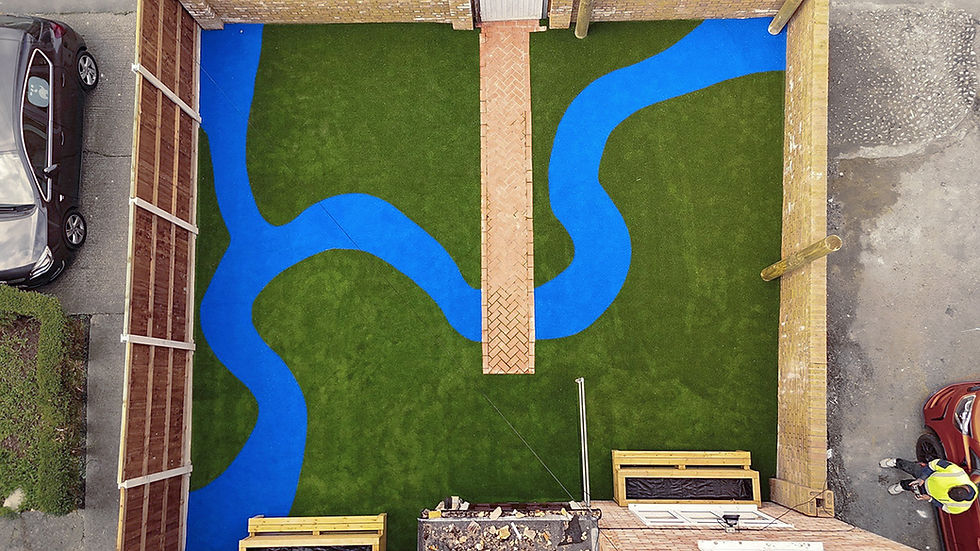 ariel image of an area with artificial grass surfacing in green and blue