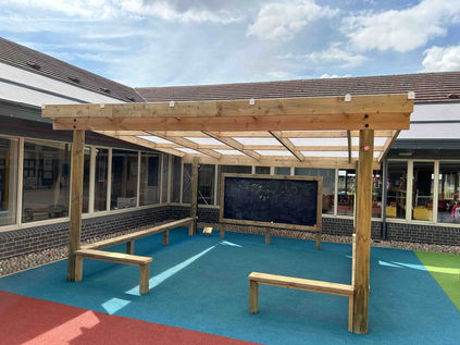 Wall Mounted Playground Canopy with Bench Seating and Chalkboard