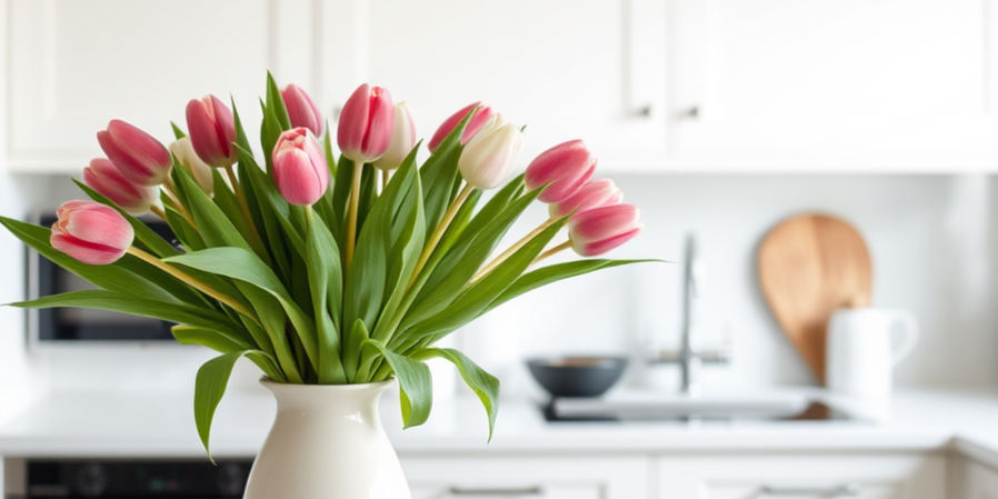 Luxury artificial tulips arranged in a white vase for spring home styling