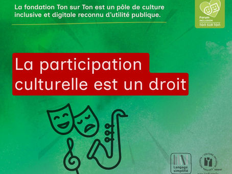 Capsule de six écrans du Forum Inclusion de la Fondation Ton sur Ton. Elle explique que chaque personne a le droit de participer à la culture, comme public ou comme artiste, et qu'il faut supprimer les obstacles qui empêchent cette participation.