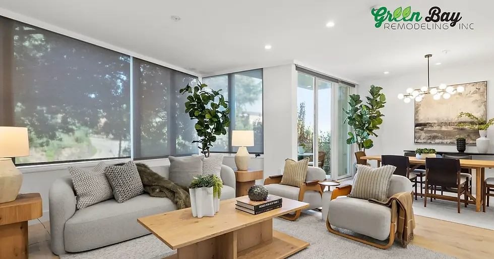 Modern living room with gray sofas, wooden coffee tables, and green plants. Large windows with shades. "Green Bay Remodeling Inc" logo visible. Cozy vibe.