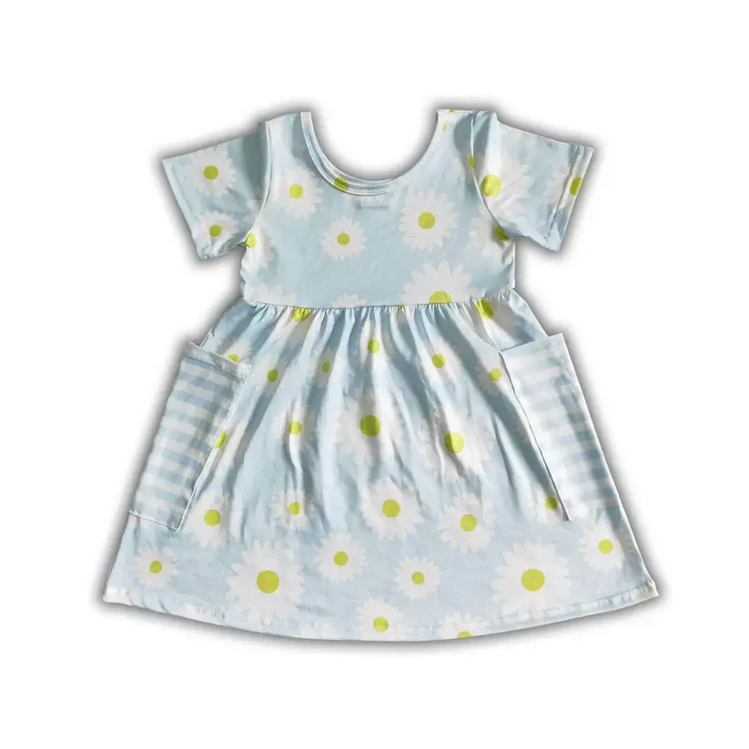 Light blue child's dress with daisy pattern, striped pockets