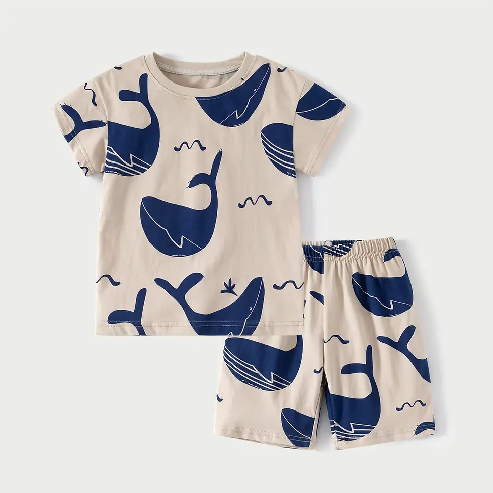 whale, set, beige, blue, short, short sleeve