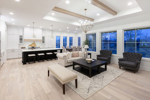 Modern open-plan kitchen, living room, and dining area