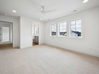 Bright empty room with light carpet, white walls, and three windows