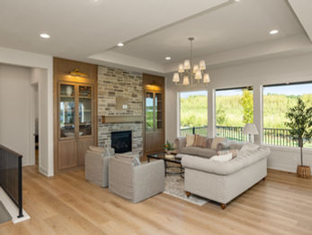 Modern living room with fireplace and scenic windows