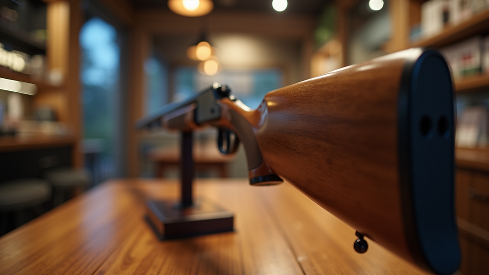 Eye-level view of a luxury firearm displayed on a wooden stand
