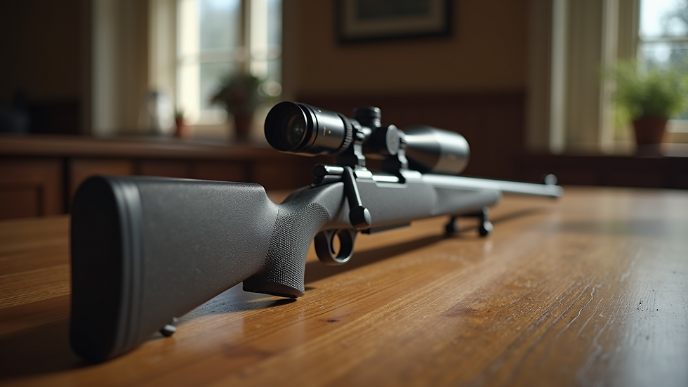 Close-up view of a Schminter gun displayed on a wooden table
