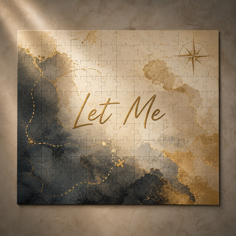 This abstract puzzle-map represents the journey of self-expression, where every experience becomes a piece of a greater whole. The destination remains unknown, but the vision is clear, and the final piece is not the map itself—it is the quiet permission to step forward and say, Let me.