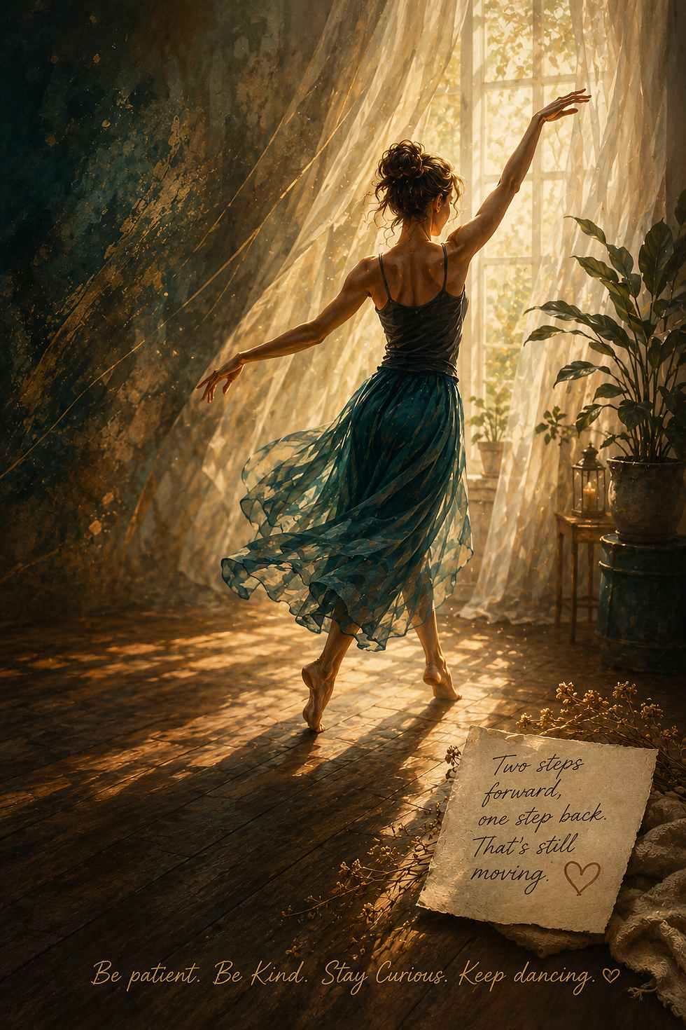 A woman dances freely in warm golden light, symbolizing Self-Alignment and the natural rhythm of progress. The image reflects the idea that moving forward does not always happen in a straight line; sometimes we step forward, step back, adjust, and continue as we learn to trust our own pace.